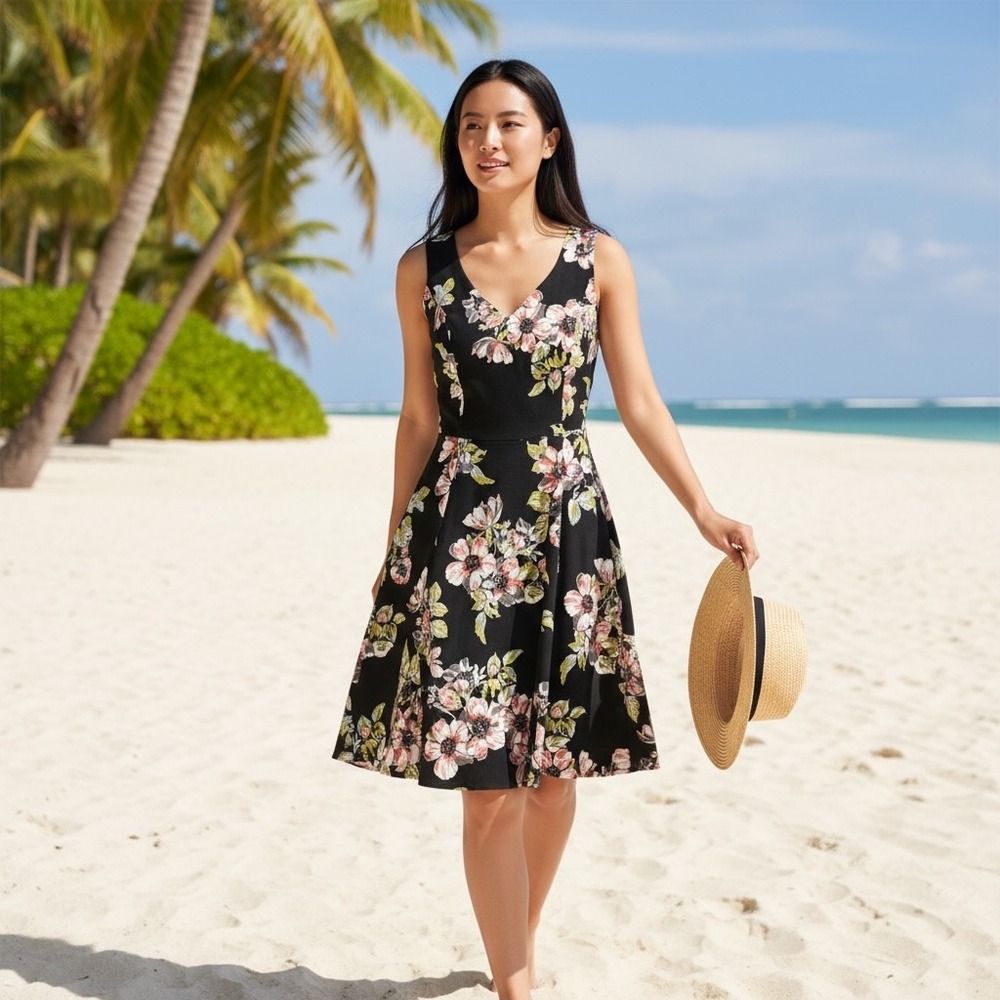 Torrid Black Floral V Neck Sleeveless Fit Flare Dress‎ Women Size 16